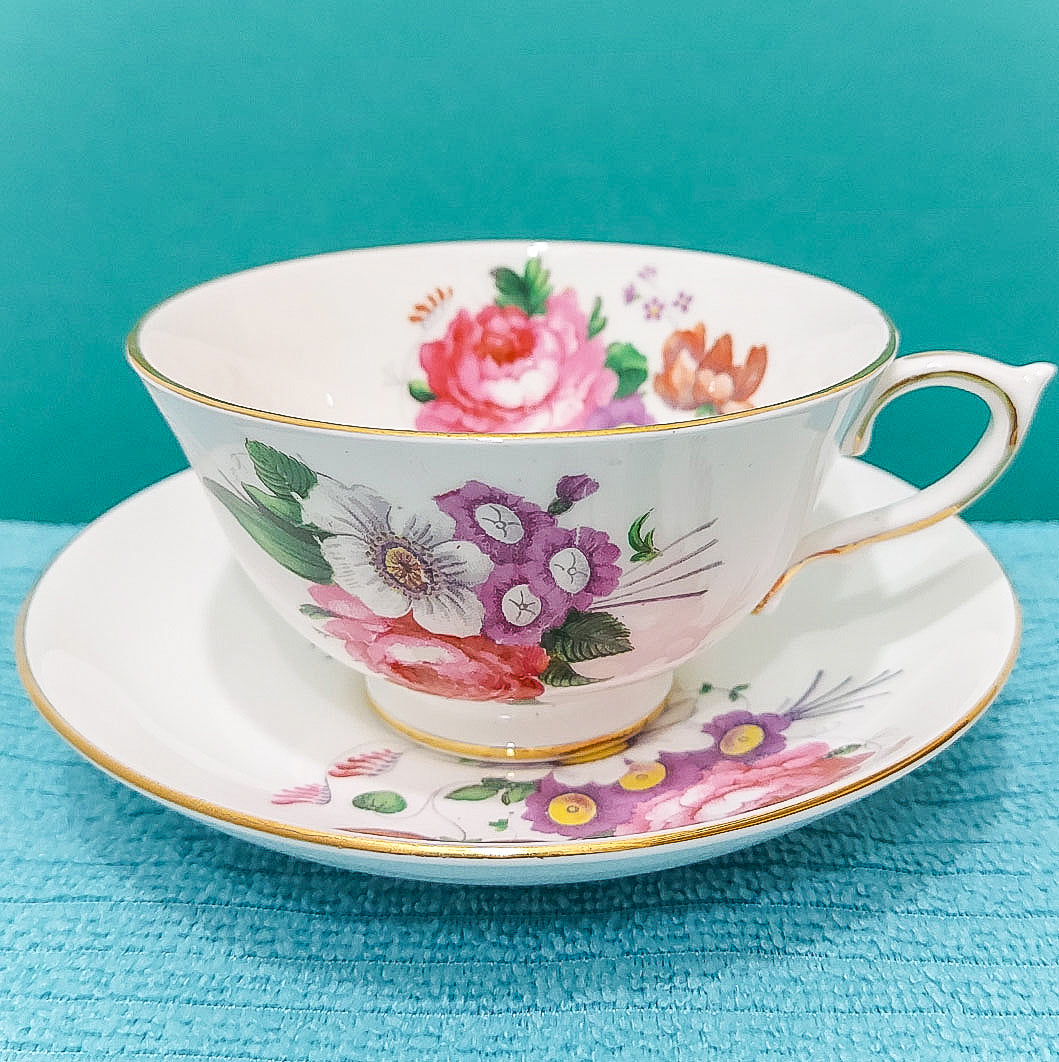 Vintage Teacup - Pink & Purple Bouquet