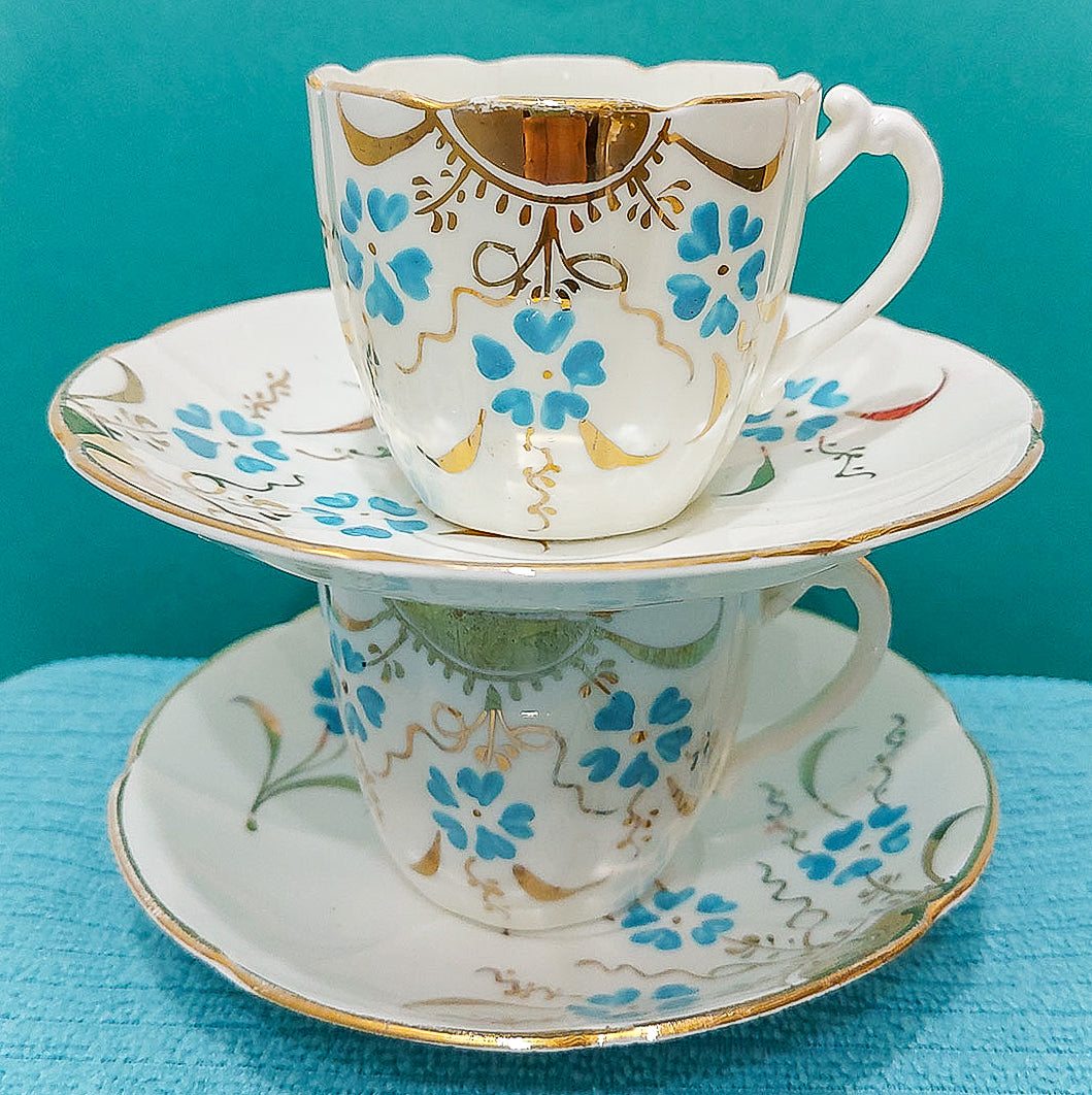 Teacup Set with Cake Plates -  Petite Aqua and Gold